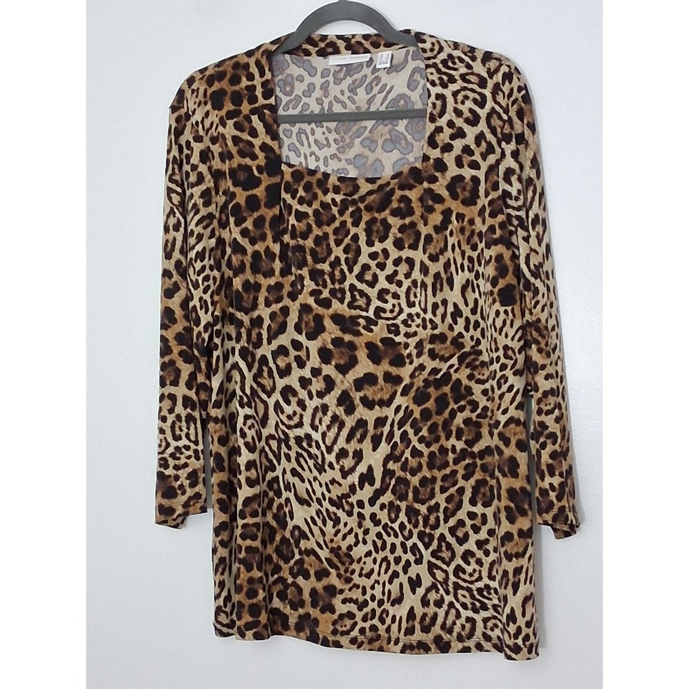 Susan Graver Top Size Large Animal Print Liquid Knit‎ Square Neck 3/4 Sleeve